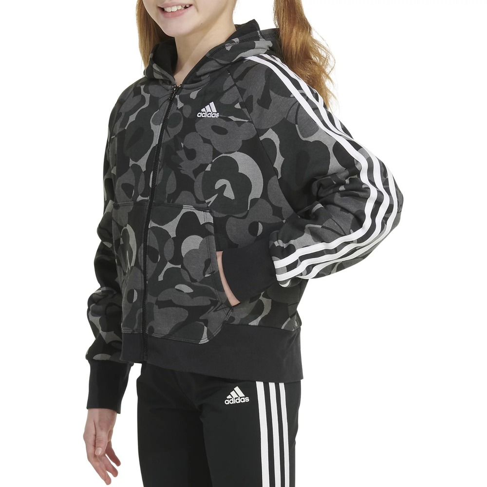 Adidas Girls Zip-Front Essential 3-Stripe Fleece  jacket Black Camo Size XL